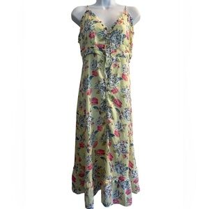 “Forever 21 Y2K Floral Button Down Midi Dress Green Slip Lined Ruffle Trim Sz M